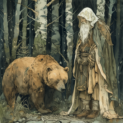 Druid and Bear in the Forest