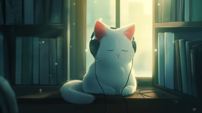 Lovely White Cat Listening to Music