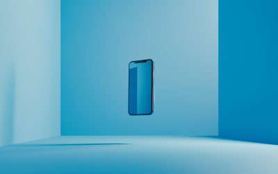 Floating Cell Phone in Minimalist Blue Scene