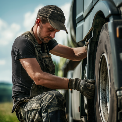 Trucker changing tire in summer