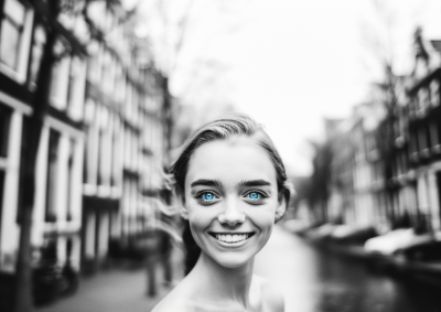 Candid Portrait of a Joyful Woman with Blue Eyes