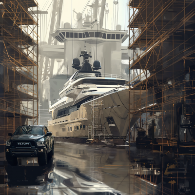 Shipyard with a White Yacht and Black Car