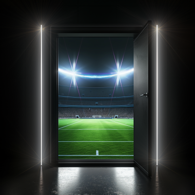 TV door to football field in dark stadium