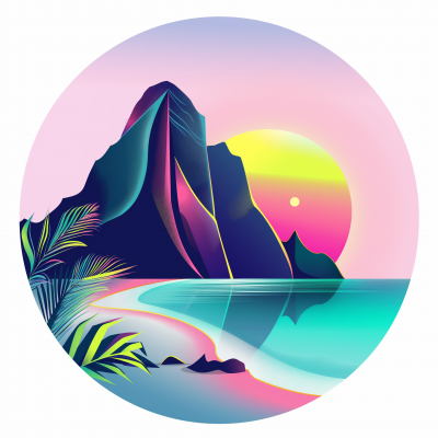 Neon beach and mountain circle logo illustration