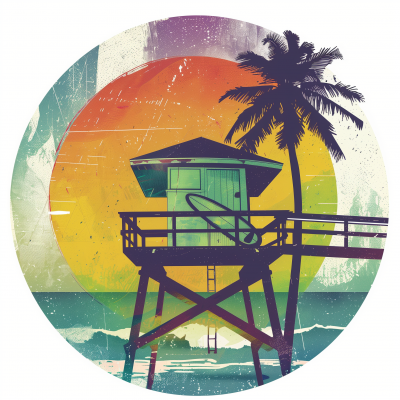 Surf Board and Lifeguard Tower Retro Illustration