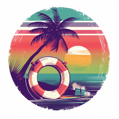 Retro Lifeguard Buoy and Palm Tree Illustration