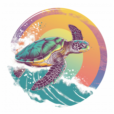 Neon Sea Turtle and Wave Illustration