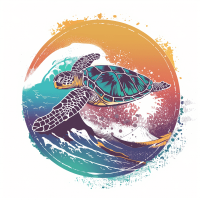 Sea Turtle and Wave Retro Logo Illustration