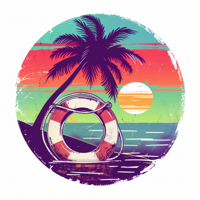 Retro Lifeguard Buoy and Palm Tree Logo Illustration
