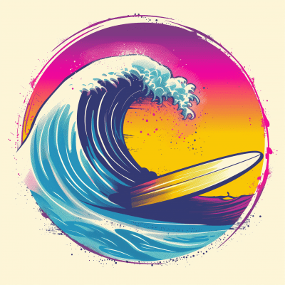 Neon Surfboard and Wave Illustration