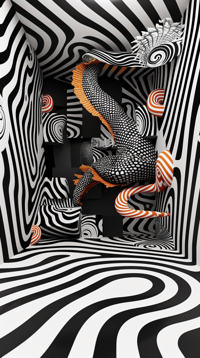 Symmetrical Abstract Black and White Background with 2D Forms and Dragons