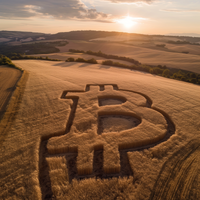 Italian Sunset Landscape with Bitcoin Symbol Carved in Wheat Field