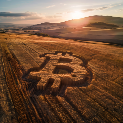 Bitcoin Sign Carved in Durum Wheat Field at Sunset