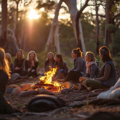 Women’s retreat around a fire in natural setting