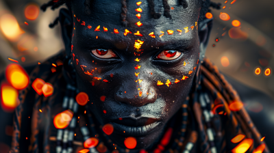 Medieval African Soldier with Red Eyes and Fire War Paint