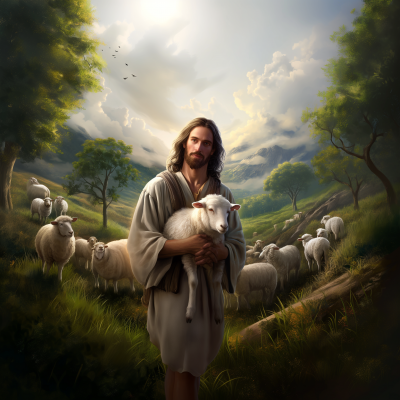 Pastoral Background with Jesus as Caring Shepherd