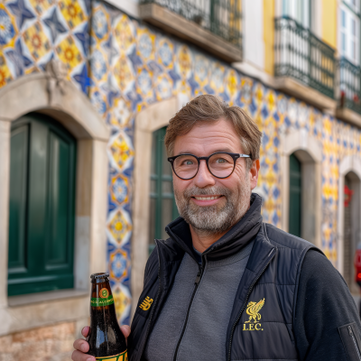 Smiling in front of a Portuguese tile building
