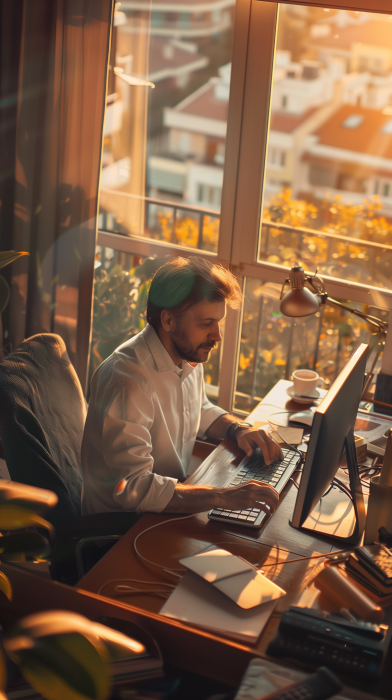 Man working in home office at golden hour