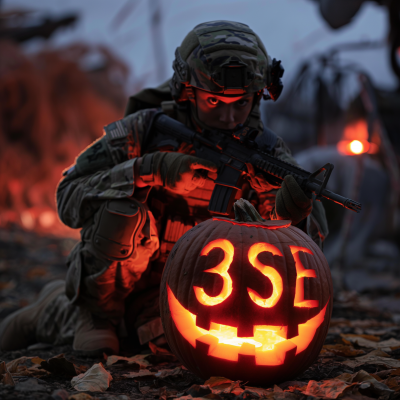 Military Chick with Pumpkins in Battlefield