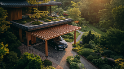 Modern Wooden Carport with Vehicle