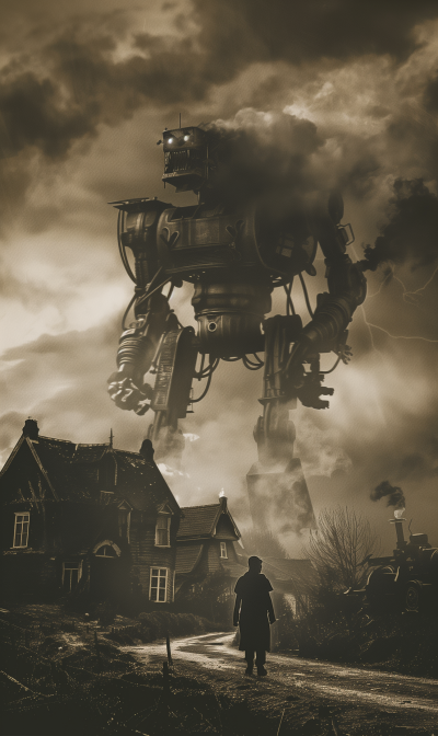 Vintage Sepia Image of Person with Robot Machine in Old Village