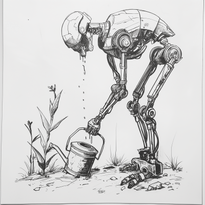 Terminator Style Robot Watering Plants Sketch