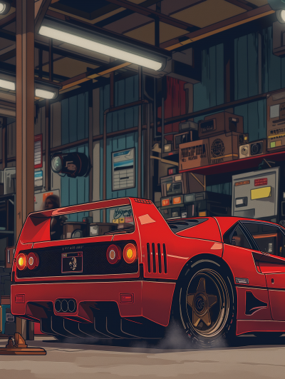 Modified Red Ferrari F40 Anime Illustration