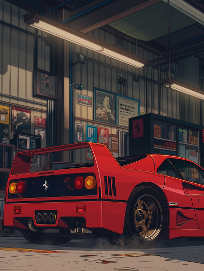 Anime-inspired illustration of a modified red Ferrari F40