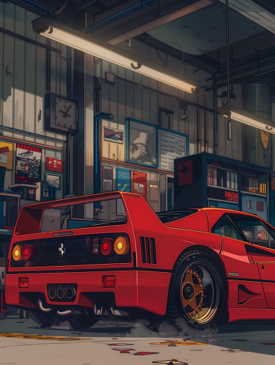 Anime Car Garage Poster Illustration