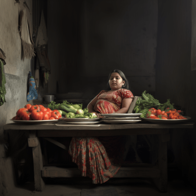 Chubby Indian girl with vegetables