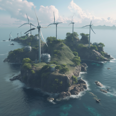 Futuristic Japanese Island with Windmills