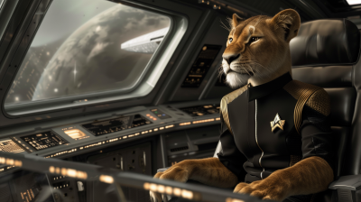 Bipedal Lioness in Starship with Black Star Trek Uniform