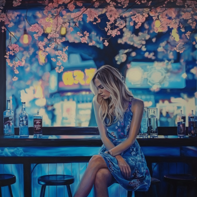 White Woman Sitting in Blue Light Bar