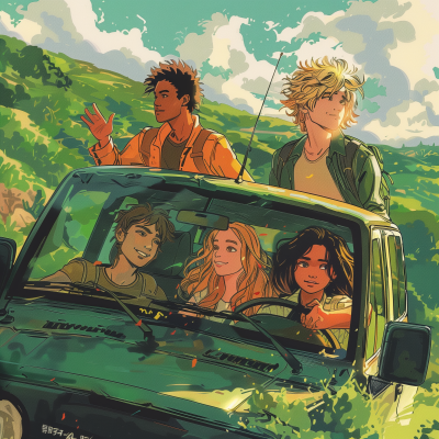 Young adults riding green SUV in hilly landscape