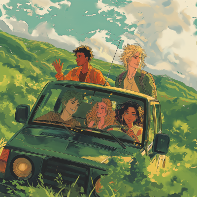 Young Adults Riding Green SUV in Anime Art Style