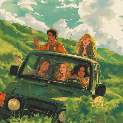 Anime young adults riding green SUV in hilly landscape