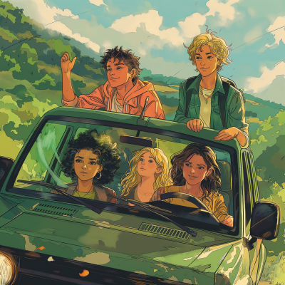 Anime Style Young Adults Riding Green SUV