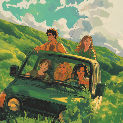 Young Adults Riding SUV in Anime Art Style