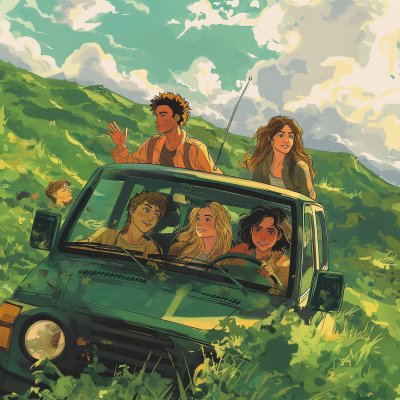 Anime Book Cover: Young Adults Riding SUV
