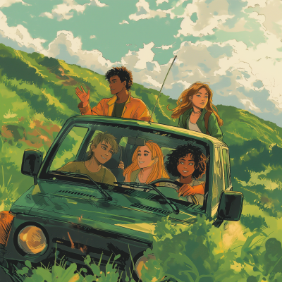 Young Adults Riding a Green SUV