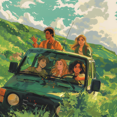 Anime Style Young Adults Riding SUV in Hilly Landscape