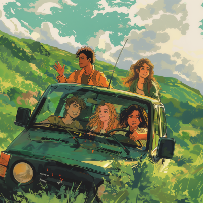 Young Adults Riding a Green SUV in Anime Art Style