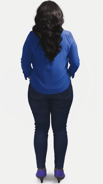 Woman in Blue Shirt and Dark Blue Jeans