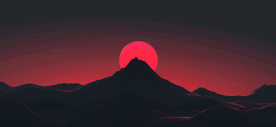 Minimalistic black mountain silhouette at crimson sunset