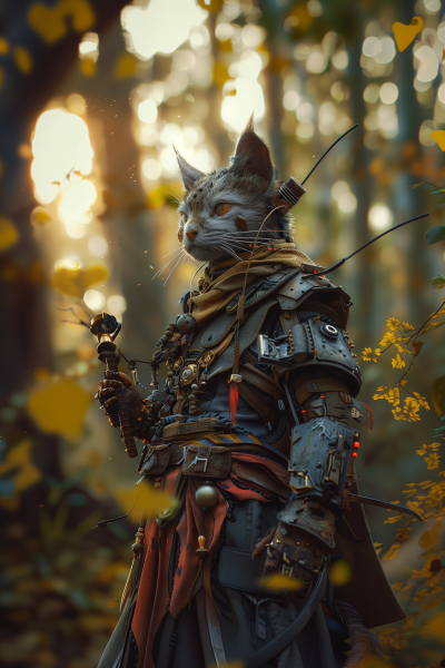Mystical Fantasy Catfolk Warrior with Cybernetic Enhancements