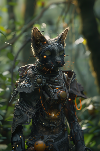 Mystical Fantasy Catfolk Warrior with Cybernetic Enhancements