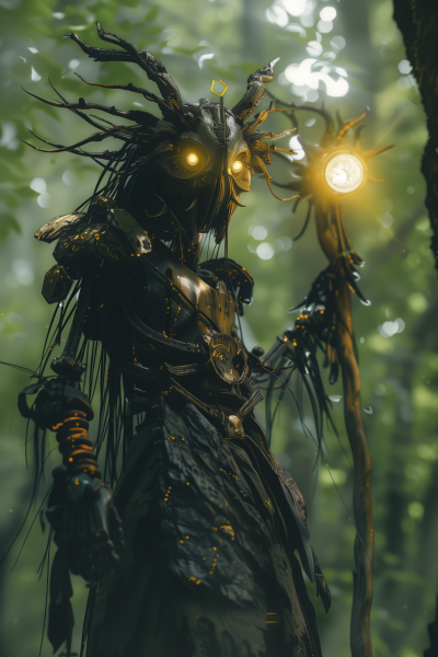 Mystical Fantasy Leshy Warrior with Cybernetic Enhancements