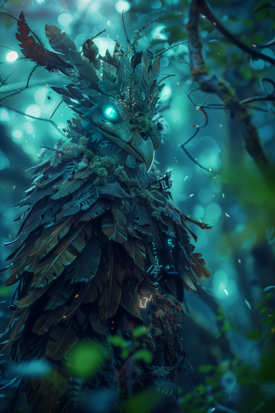 Mystical Cybernetic Strix in Fantasy Forest