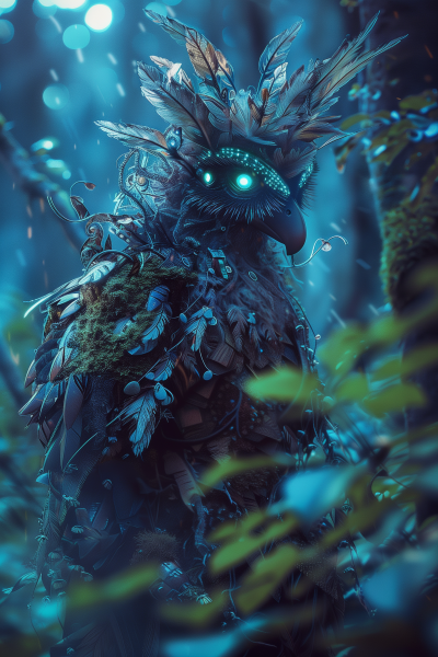Mystical Fantasy Strix with Cybernetic Enhancements in Forest