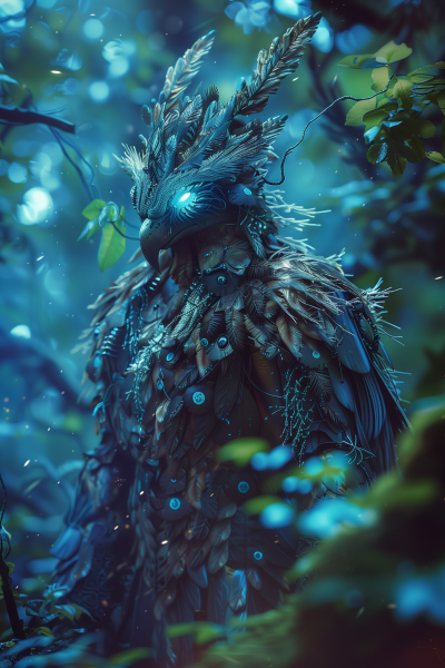 Mystical Strix with Cybernetic Enhancements in Fantasy Forest